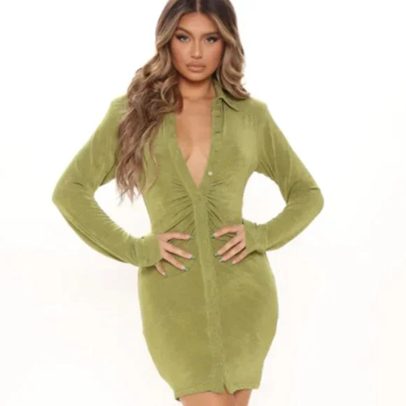 knee length dresses for ladies Jadee Long Sleeve Mini Dress Green Burnout main image 1